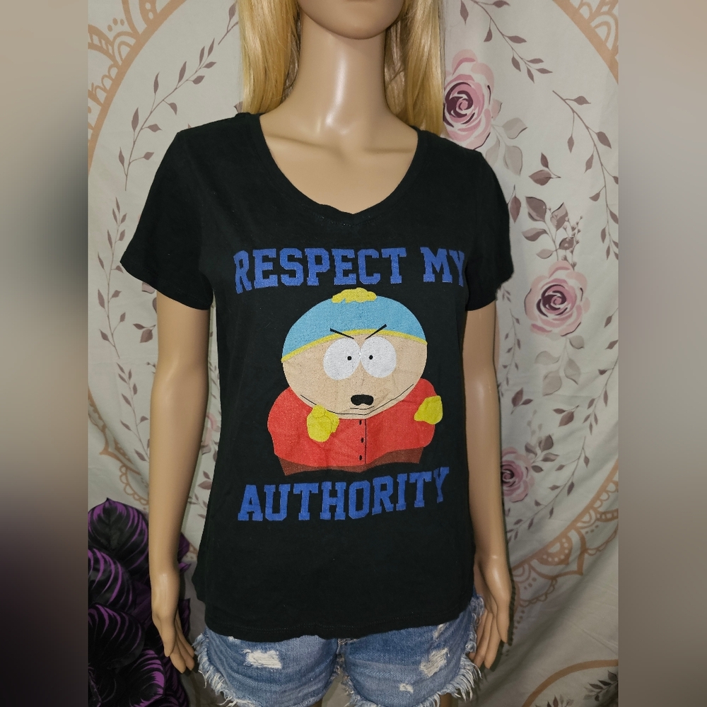 Vintage Southpark Cartman 'Respect My Authority' Black Graphic Tee Medium